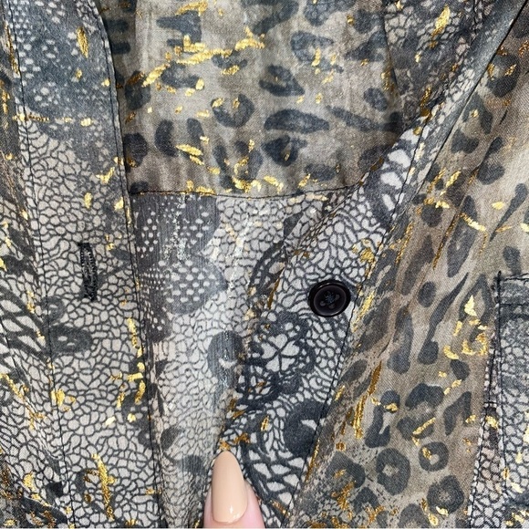 Lane Bryant Brown & Gold Mixed Print Sheer Button Down - Picture 4 of 6